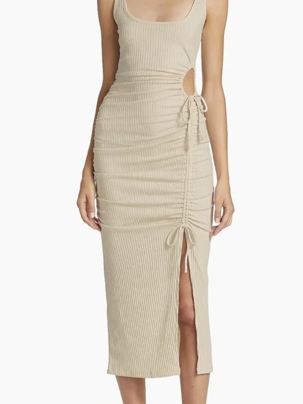 Jonathan Simkhai Beige Ribbed Cutout Drawstring Midi Dress, Size Small